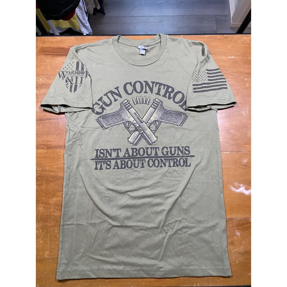 NWOT Warrior XII Graphic T-Shirt Mens Small Olive Green Gun Control 2A Tee
